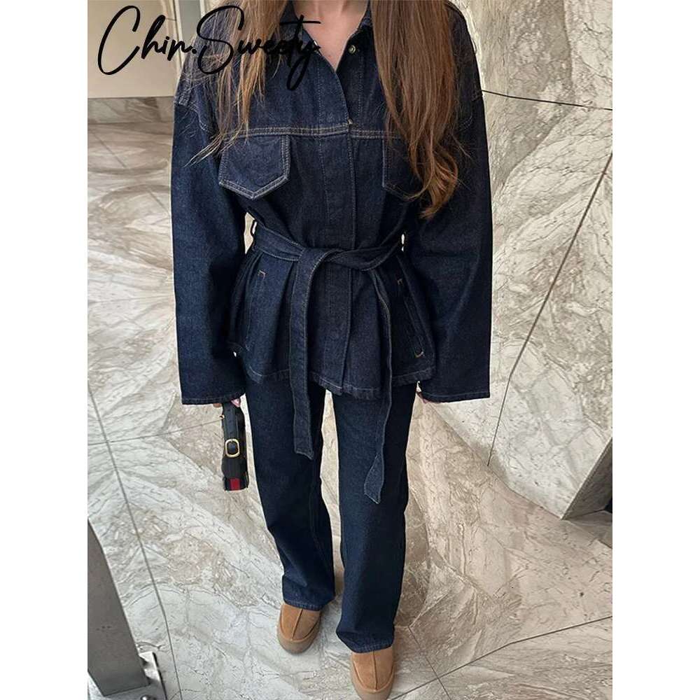 Vintage Belt Denim Jacket Pants Set Women Lapel Single Breasted Jackets High Waist Straight Pant 2025 Spring Lady New Outfit