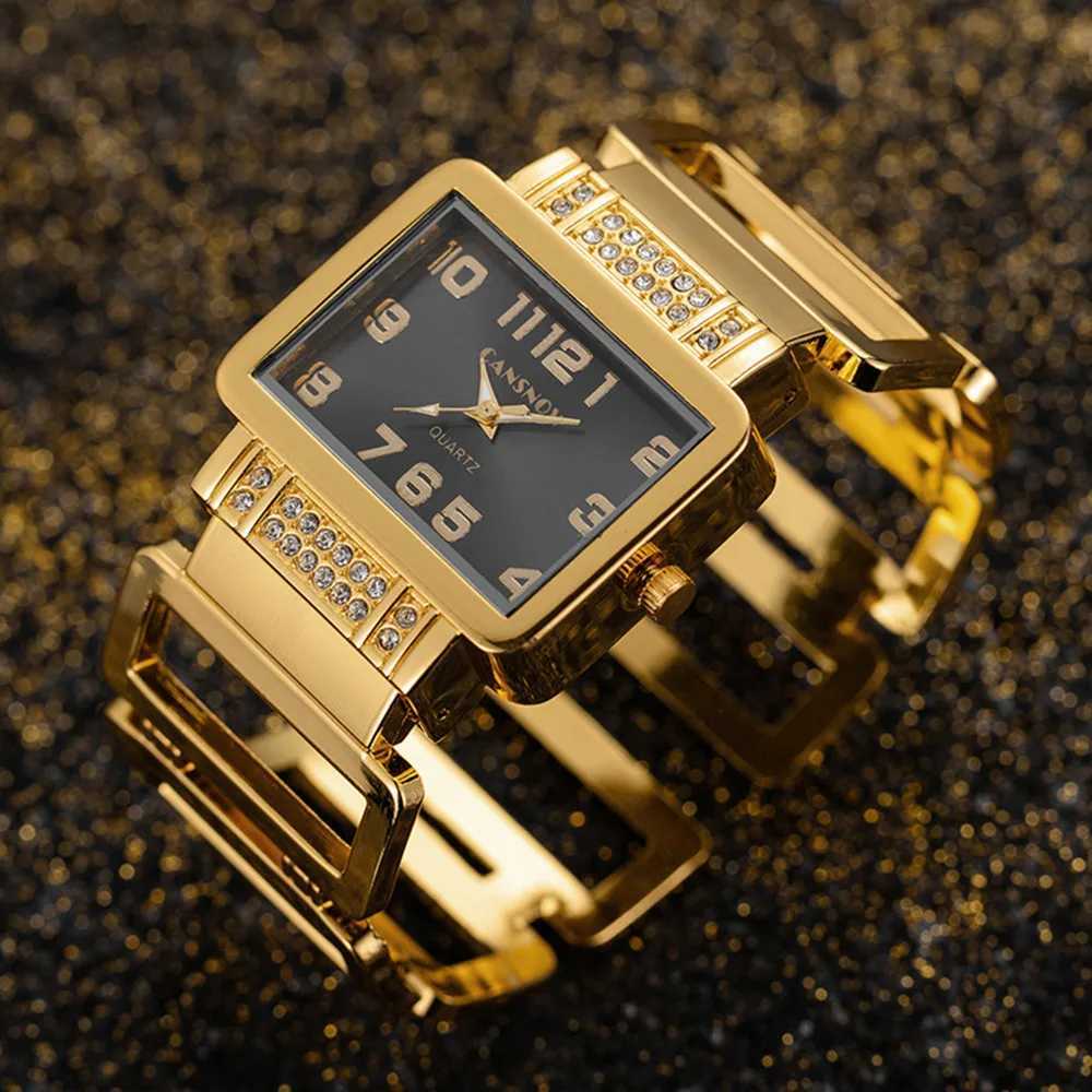 Cansnow Rectangle Womens Watch Gold Silver Bracelet Womens Water Diamond Hollow Steel Quartz Womens Fashion WatchT250408