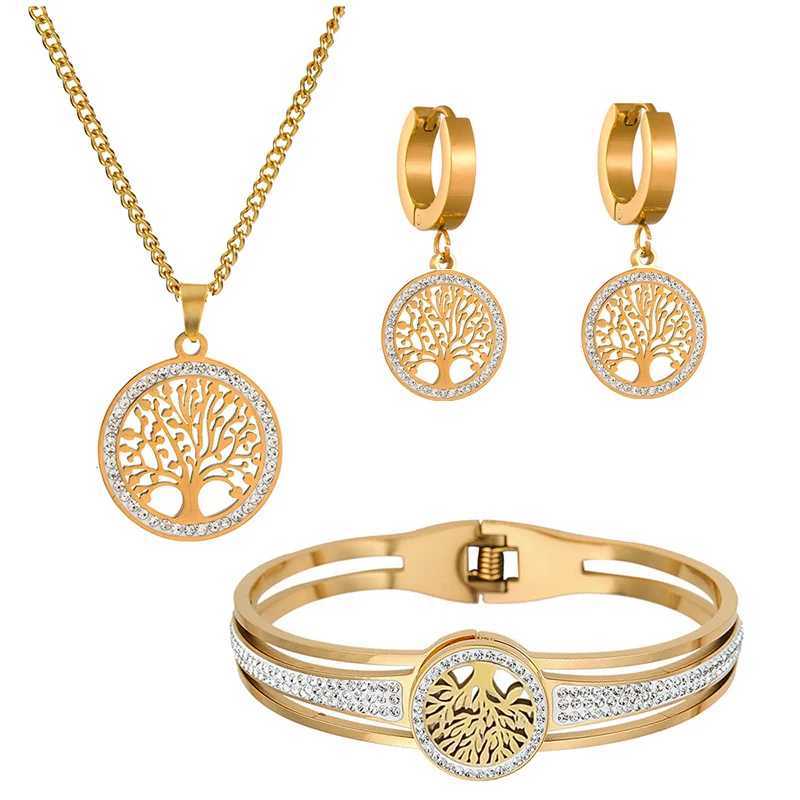 304 Stainless Steel Retro Hollow Inlaid Zircon Tree Of Life Peace Pendant Necklace Bracelet Earrings Ladies Wedding Jewelry Set Y250408