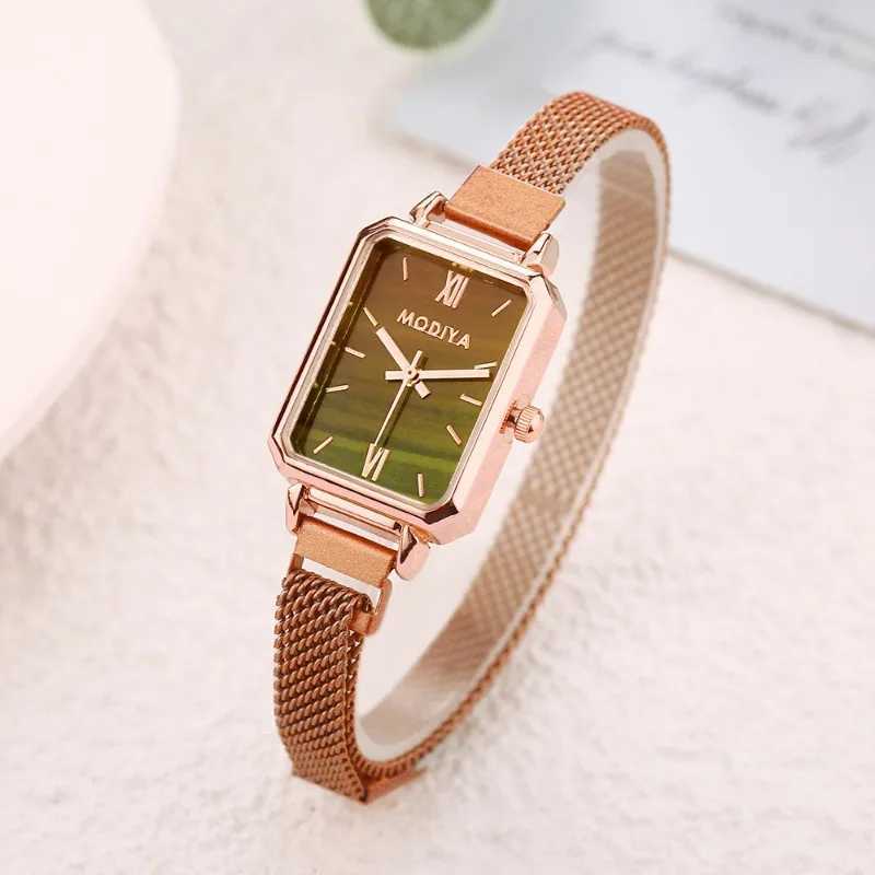 2024 Womens Watch Fashion Square Womens Quartz Watch Magnetic Strap Green Dial Simple Rose Gold Mesh Luxury Womens WatchT250408
