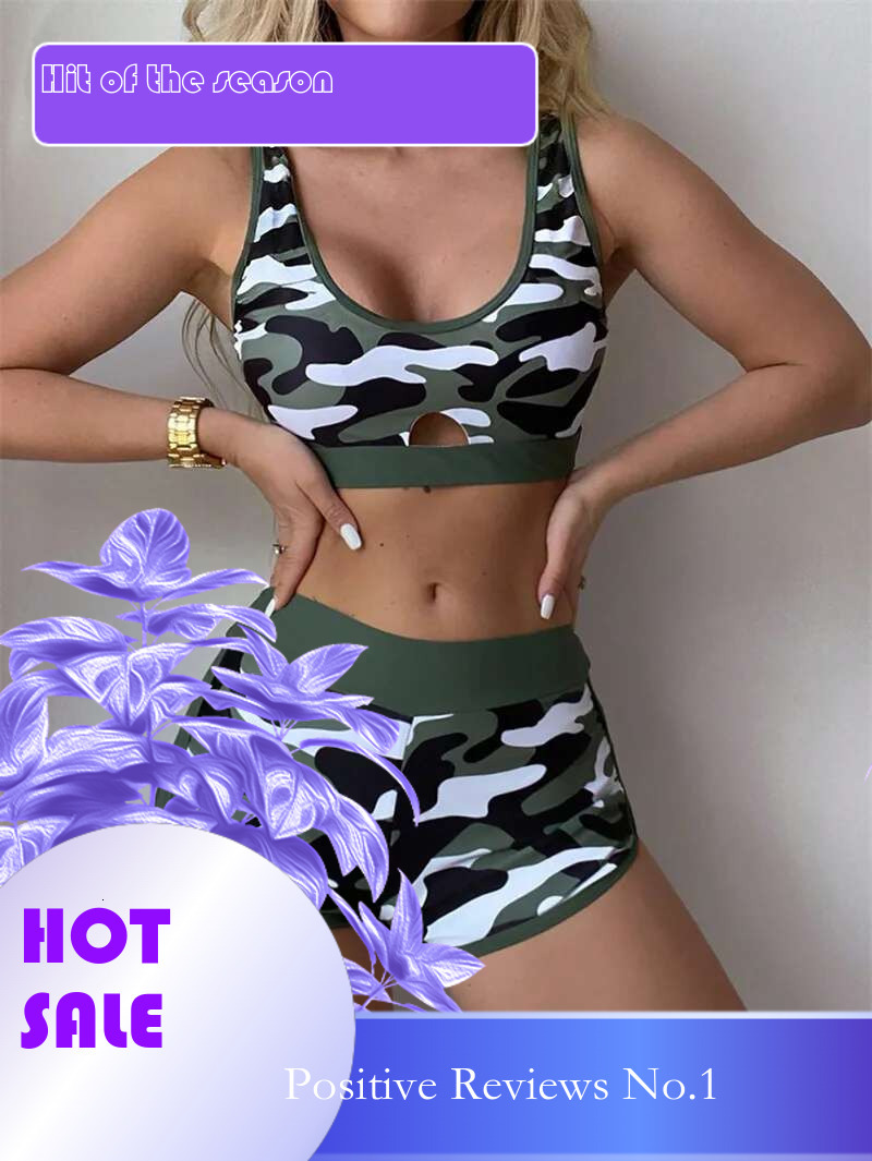 Dongdumaoyi Sexy Green Camouflage Bikini Set Women Hollow Out Push Up Padded High Waist Swimsuit Summer Bathing Suit Piece Swimwear