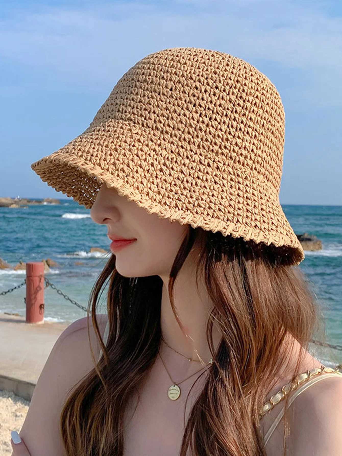 Straw hat hand made braided Wens big fishermans hat Protection Sun Hat Foldab Roll up bucket hat TravelC250407