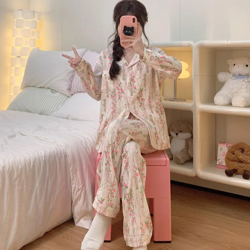 Romantic Womens Nightwear Long Sleeve Cardigan Fresh Sweet Print Student Korean Version Floral Loungewear Plus Size 2PCS/Set 250408