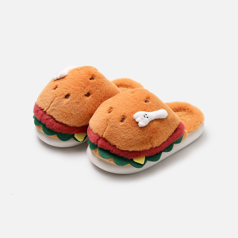 Hamburger cotton slippers for couples, autumn and winter new cartoon cute fur slippers, indoor home with plush warm cotton slippers