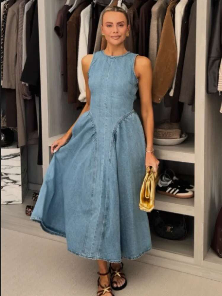 Sexy Women Backless Lace Up High Waisted Denim Dress Fashion O Neck Sleeveless A e Dresses Spring Chic Lady Street Robes