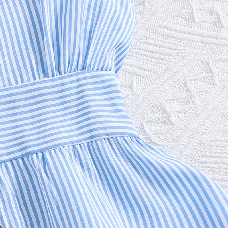 Girl Dress Summer Light Blue Stripe Ruffled Sleeveless V-Neck Dress Elegant Cute Daily Casual Vacation Preppy Style Outifits 250407