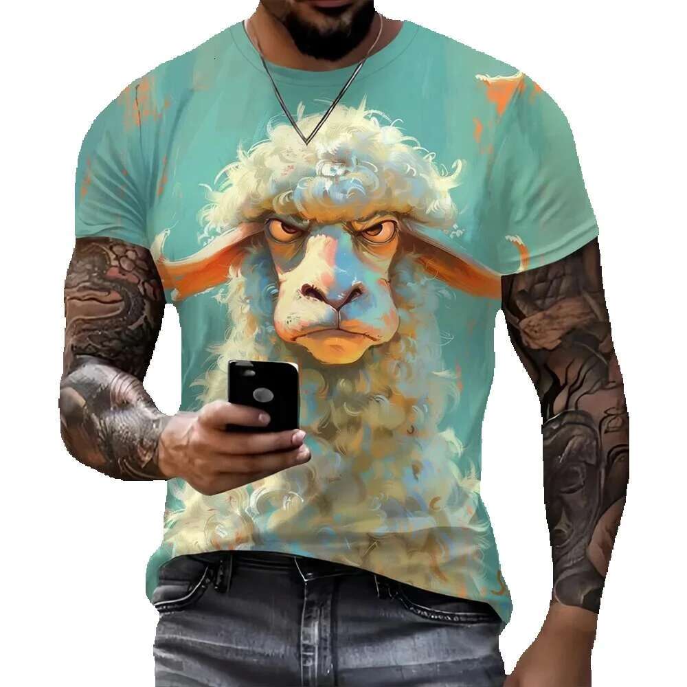 New interesting 3D goat print men's street fashion hip-hop clothing casual round neck short sleeved T-shirt fashionable summer top loose
