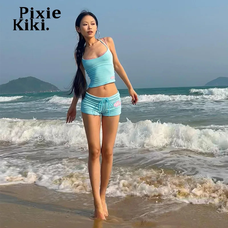 PixieKiki Low Waist Shorts and Top Sets Woman 2 Piece Y2k Summer Holiday Outfits Womens Beach Wear Kawaii Clothes P71-BE14 250407