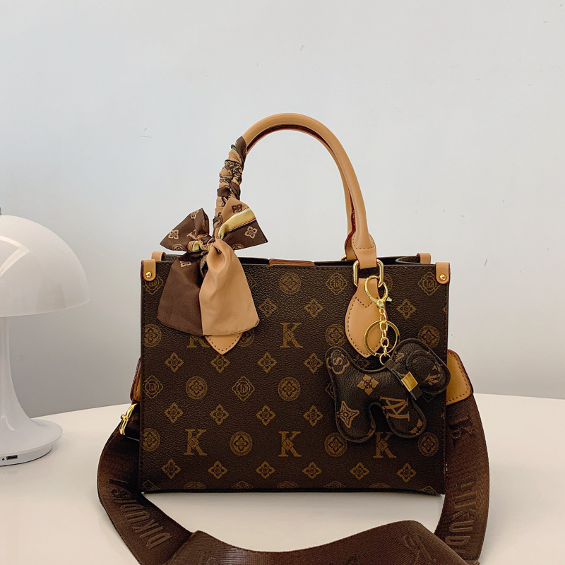 Free Shipping Brown Monogram Tote Bag Scarf Decoration & Bear Charm Retro Casual Large-Capacity Commuter Bag