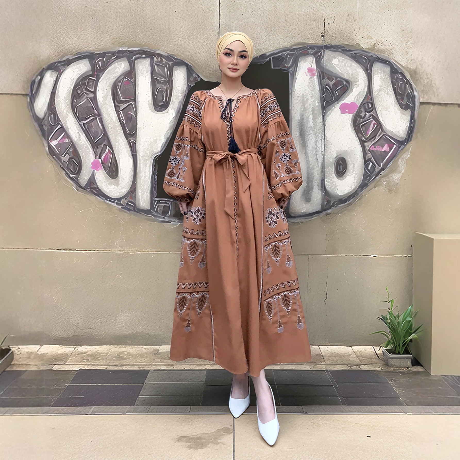 M Malay Indonesian Muslim Women S Heavy Duty Embroidered Lantern Sleeve Cotton Hemp Dress