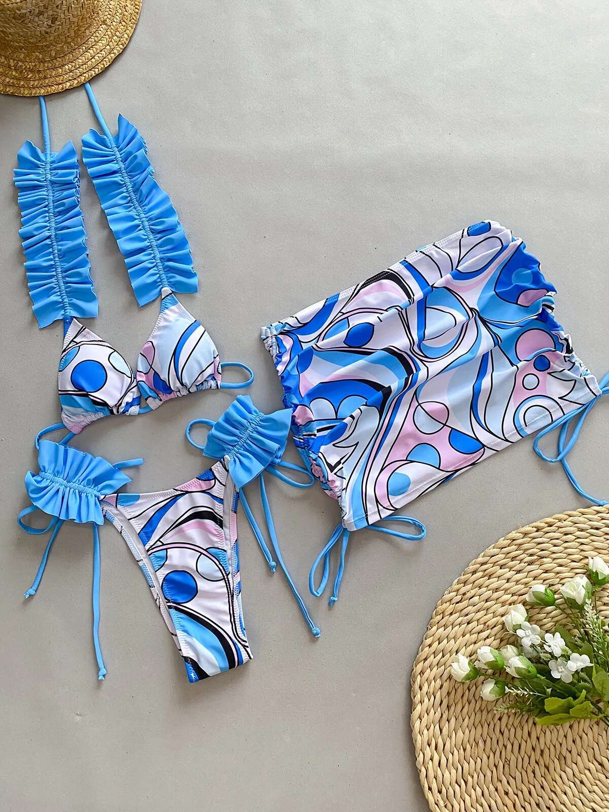 Dongdumaoyi Sexy Ruffle Pleate Strap Bikini Women Purple Floral Print Skirt Sarong Piece Swimsuit Bathing Suit Coverup Thong Swimwear