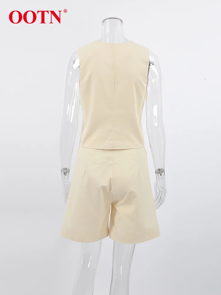 OOTN Office High Waist Shorts Set V-neck Single Chest Tank Top Two Piece Set Spring Cotton Linen Elegant Beige Set Women 250403