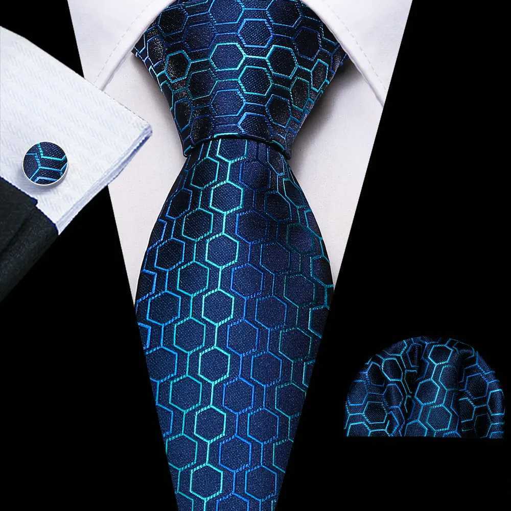 New Geetric Pattern Ties For Men Designer Blue Woven Jacquard Silk Necktie Handkerchief Cufflinks Sets Formal Party Barry. X250407