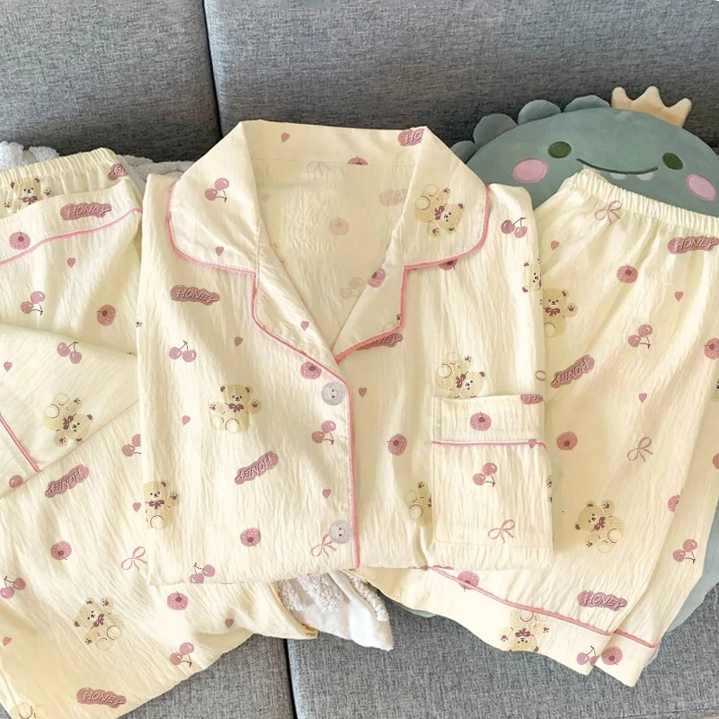 Cute Cherry Bear Printed Womens Pajamas Fashion Casual Milk Silk Home Clothes 3 pieces SpringSummer Short sleeved 250403
