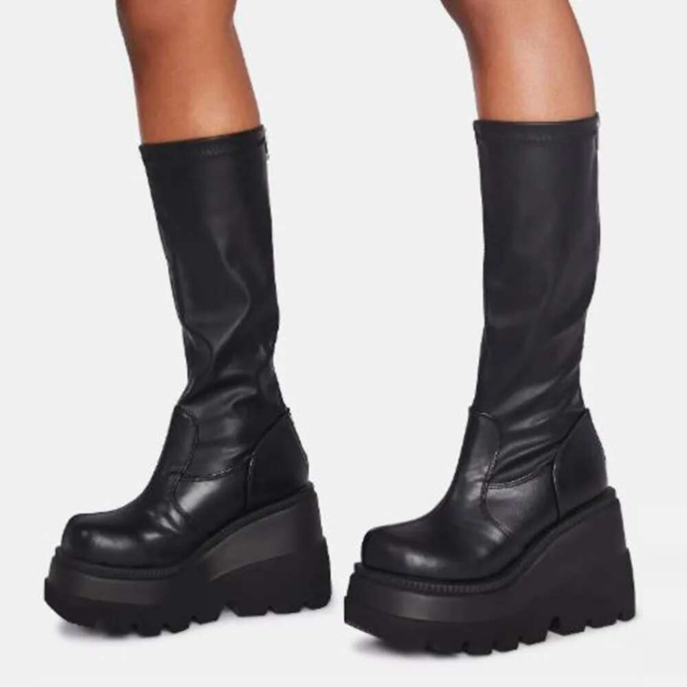 Sorphio-Women's Zippered Half-Rod Thick Platform Boots, High Heel, Round Tip, Punk Style, Fashionable #ddmykukumalu ddmykukumalu