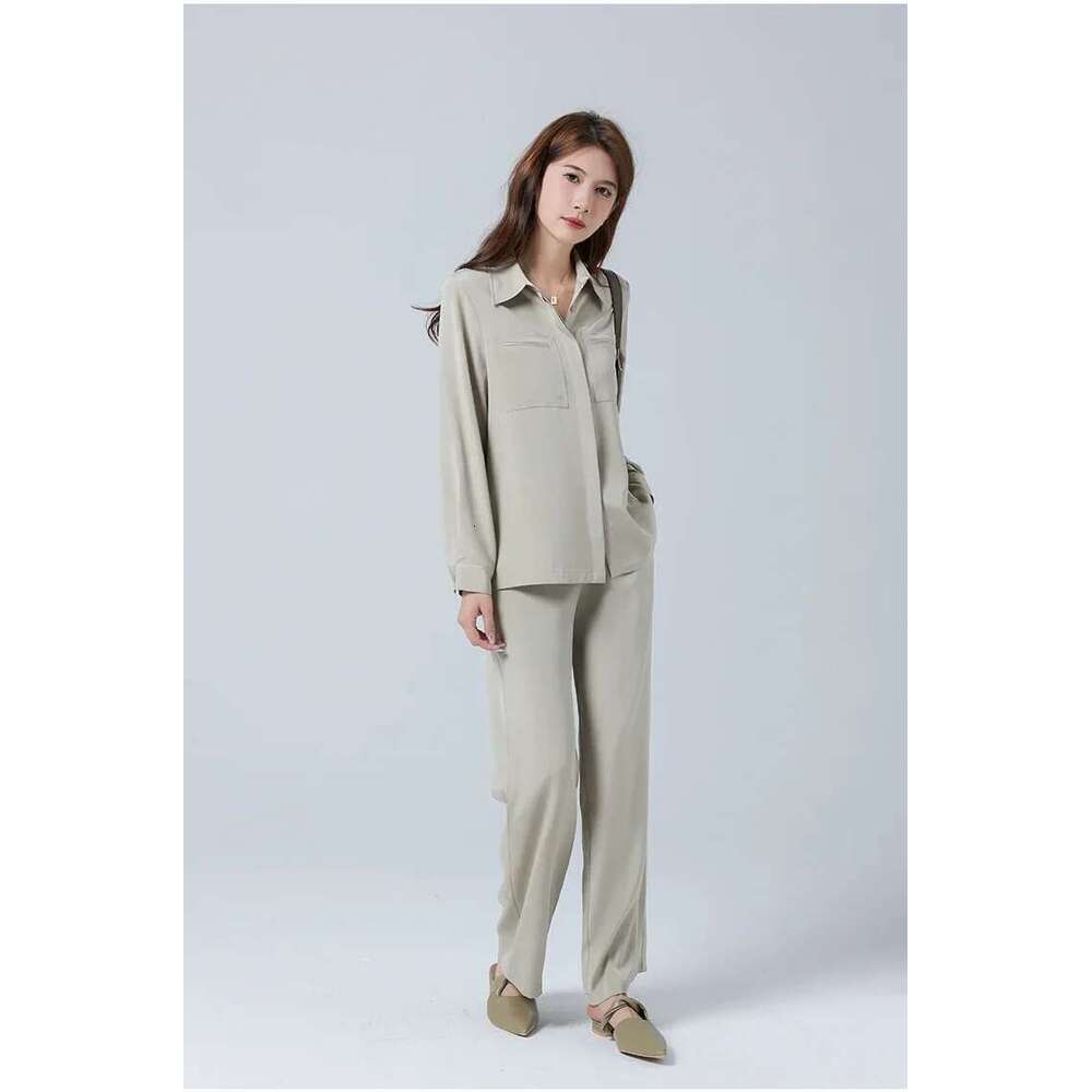 New Heavyweight Pants Set For Women's Simple Mulberry Silk Shirt Long Sleeved Two Piece Sets Womens Outifits