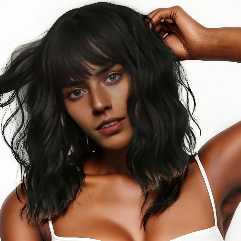 Short Brown Highlight Wigs With Bangs Natural Wavy Hair Wigs For White Women Heat Resistant Synthetic Bob Wig Shoulder Length 240805