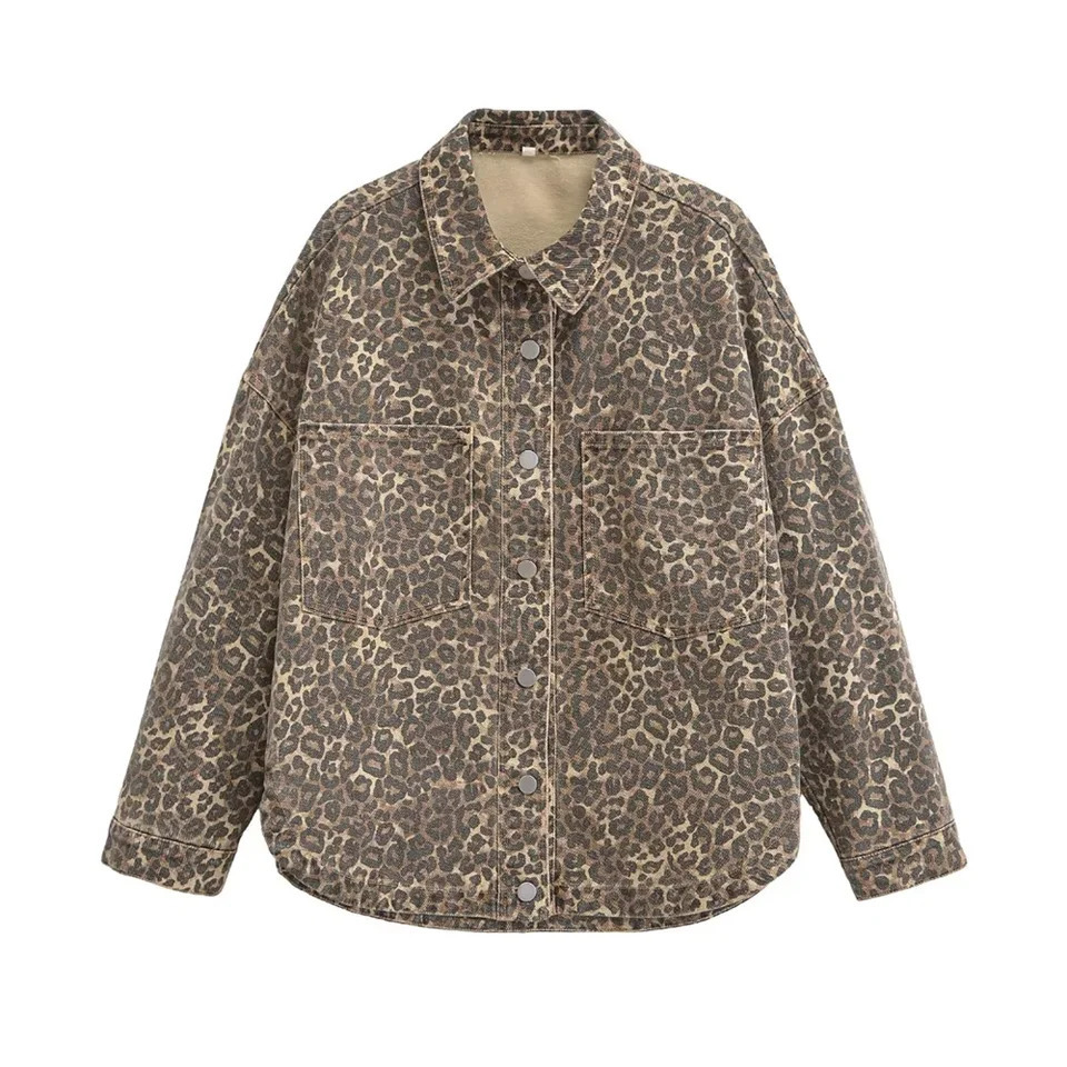 Kar Otza Autumn Womens Collar Loose Open Animal Printed Denim Jacket 250407