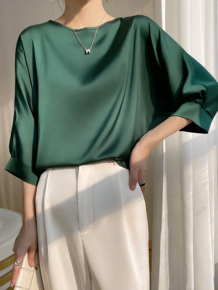 Summer T-shirt Top Womens O-neck Artificial Silk Satin Thin Smooth T-shirt Batwing Silky Crewneck Blouses Basic Y2k T-shirt Za 250402