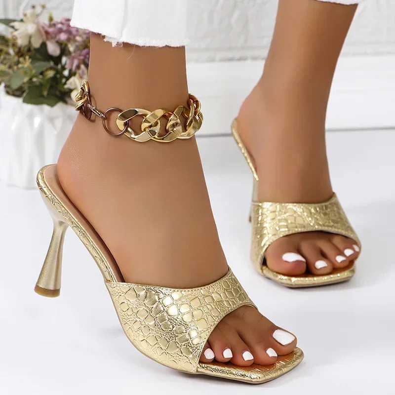 Luxury Gold Sier High Heels Sandals Womens 2025 Slip Square Toe Summer Slippers Womens Large 43 Thin High Heels Party ShoesXJ250407