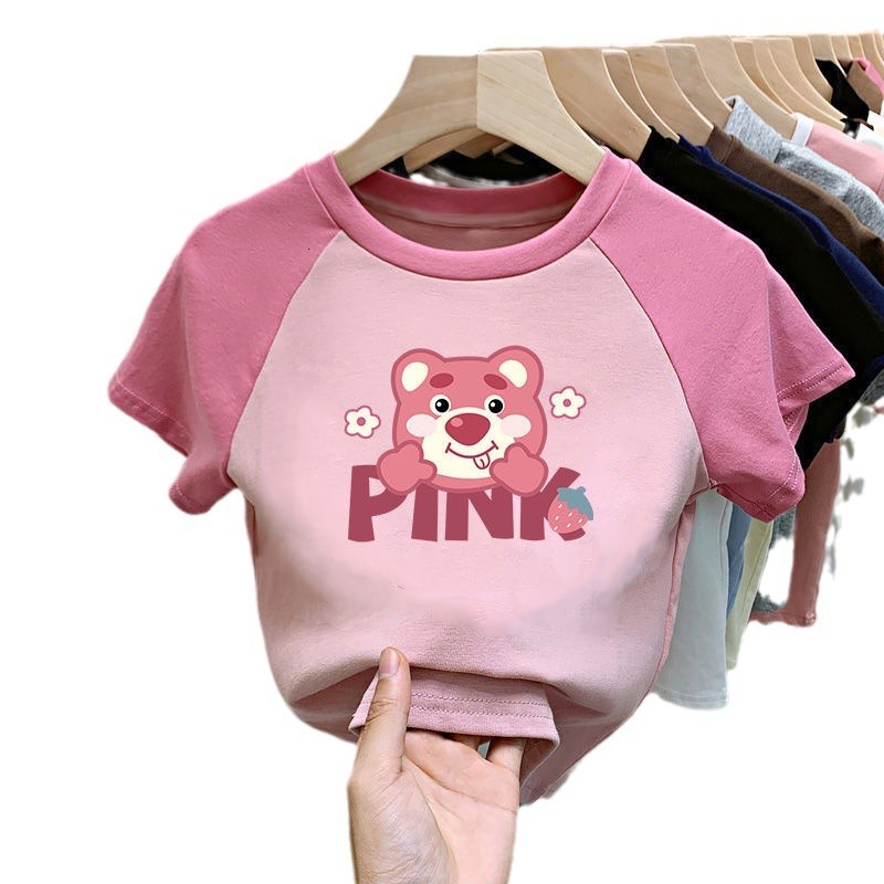 Ddmyshoesvip Girls Short Sleeved New Middle And Big Boys Spring Summer Pure Cotton Cartoon Children S T Shirt Strawberry Bear Top Summer