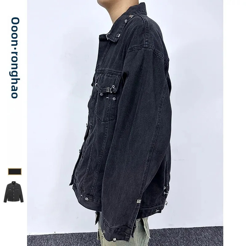 Fashionable mens casual denim jacket with loose fit and waterproof Distressed lace up knit 250408