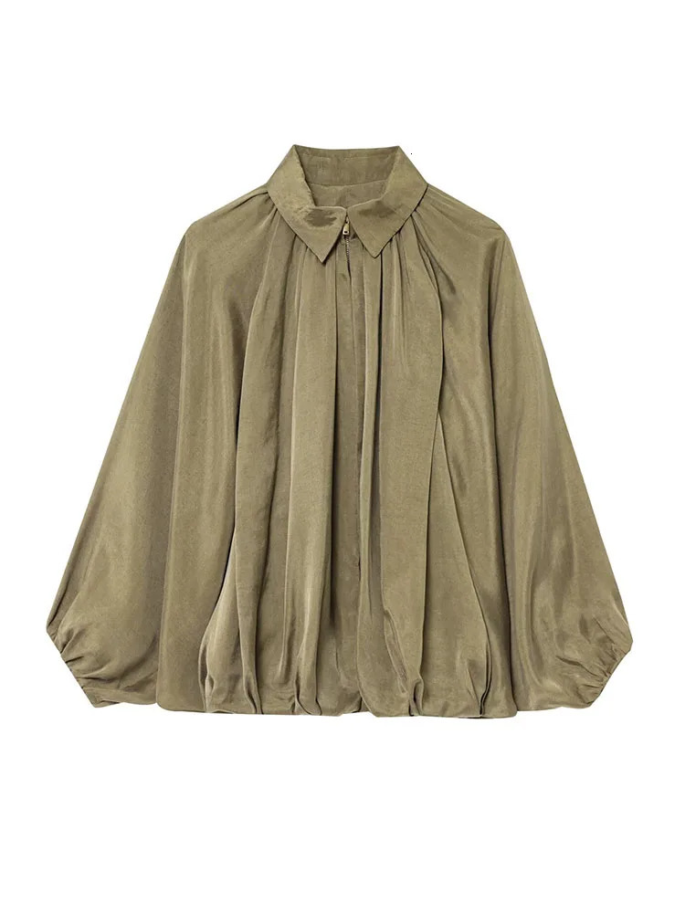 TRAFZA Womens Elegant Collar Bat Sleeve Folded Loose Jacket Top Spring Fashion Zipper n Solid Casual Coat 250407