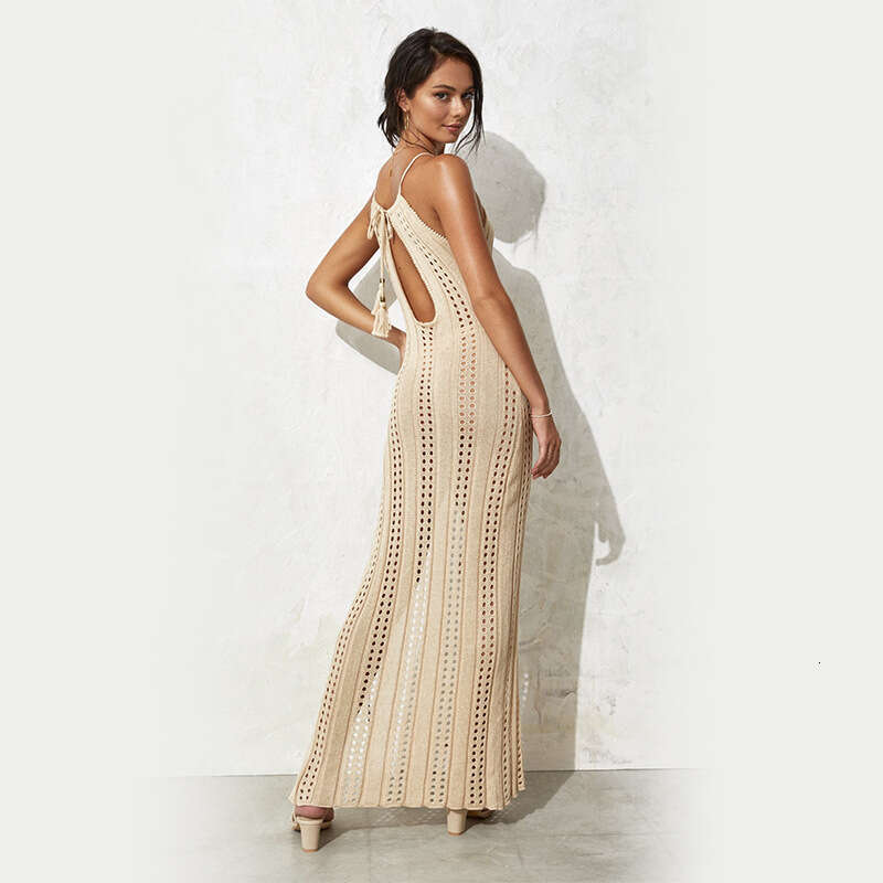 European and American suspender solid color sleeveless knitted hollow swimsuit vacation beach long dress women's 2025 new casual fashion trend cl