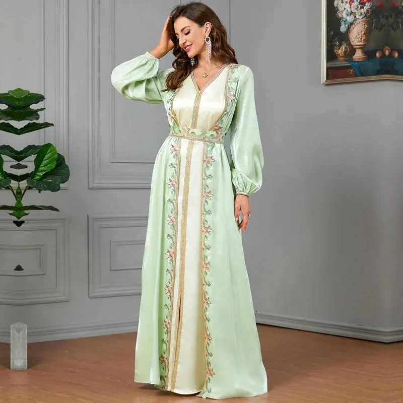 Ethnic Clothing Women Dress Set 2 Pieces Morocco Caftan Elegant Muslim Abaya Dubai Satin Kimono Cardigan Robe Beads Long Sleeve Abays