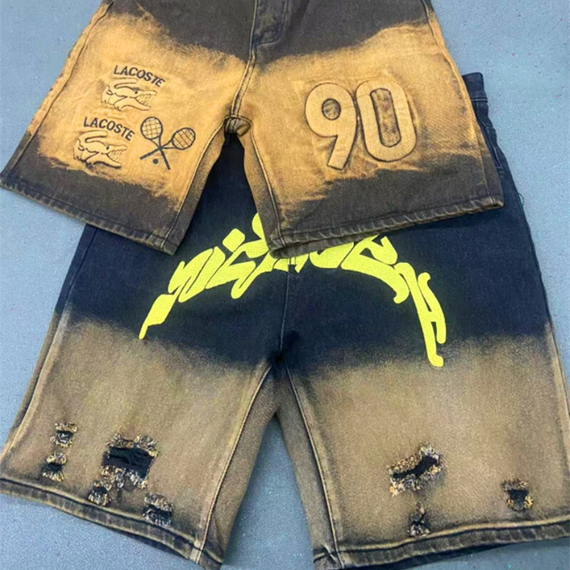 2025S Designer Letter Shorts Trendy Brand Jeans Men S Ripped Five Quarter Mid Length Pants High Street New Style Summer Denim