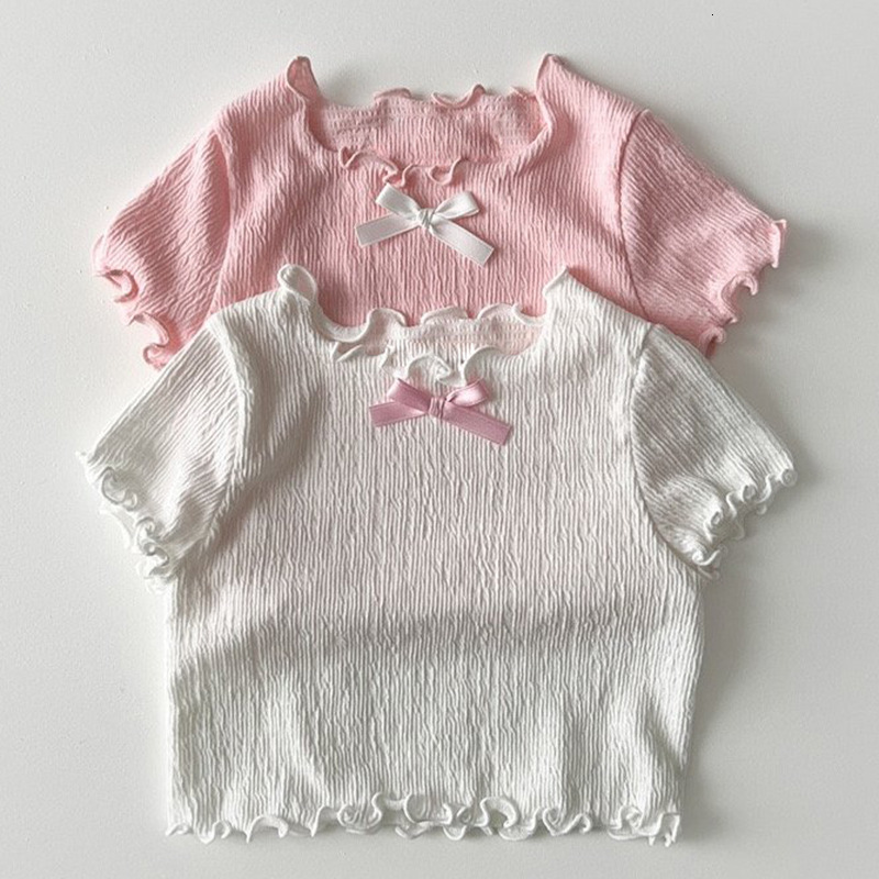 Ddmyshoesvip Girls Fashion Korean Top New Summer Baby Style Bow Short Sleeve T Shirt Children S Solid Color Texture