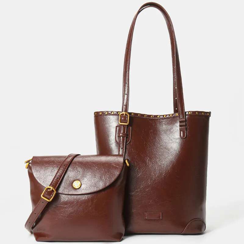 Composite Bags For Women Handbag Set 2025 Trendy Split Cowhide Leather Shopping Buchet Large Work Female Shoulder Bag
