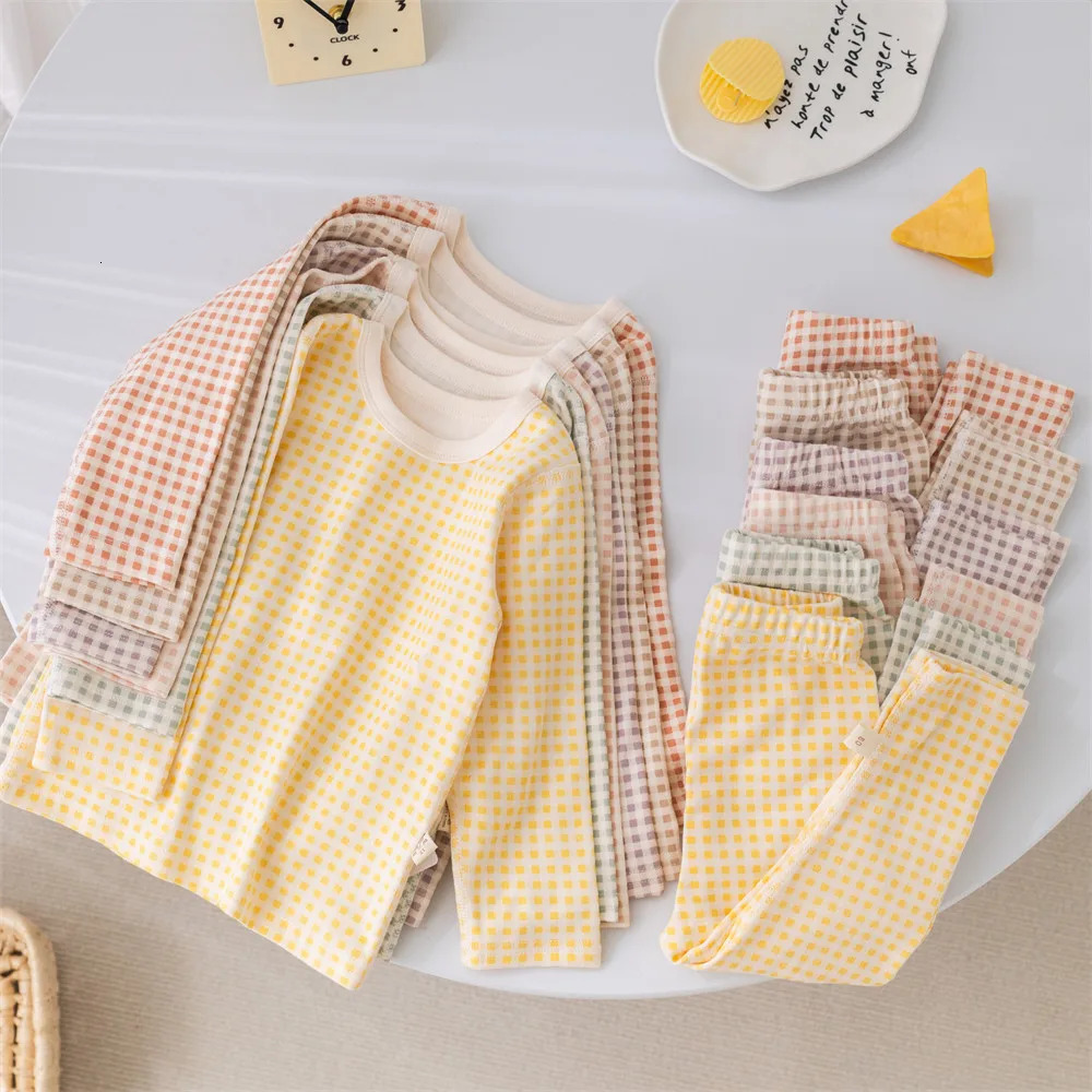 2025 Kids Pajamas Suit Boys Home Wear 1-5 Y Girls Plaid Underwear 2Pcs TopPants Childrens Long Sleeve T-shirt Suit 250407