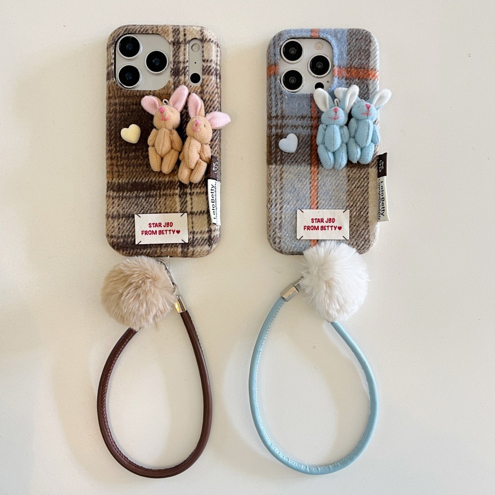 Velvet Plaid 3D Bear Phone Case Suitable for iPhone 17 Pro Max Plush Lanyard iPhone 16/15 Pro 14