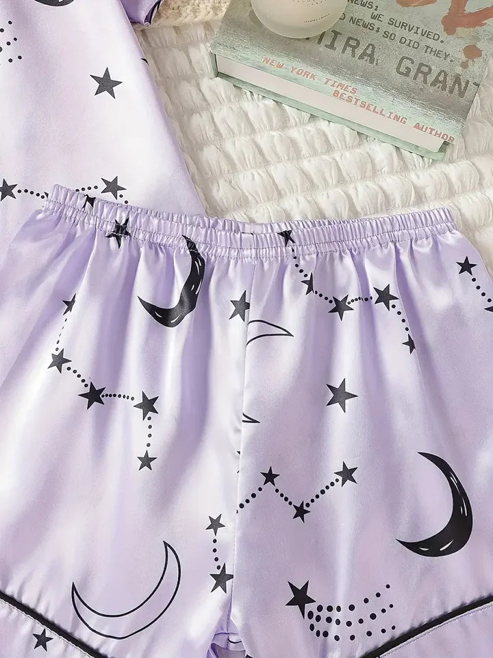 2-piece girls comfortable pajamas family suit star print V-neck button short-sleeved blouse and elastic waist shorts children sp 250407