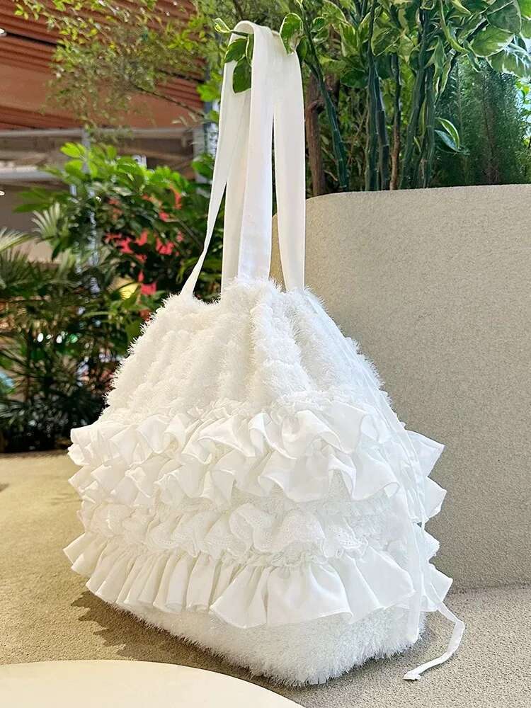 Sweet Multi-Layer Pleated Lace Side Tote Handmade White Special Fabric Shoulder Bag Girls Large Capacity Drawstring Handbag