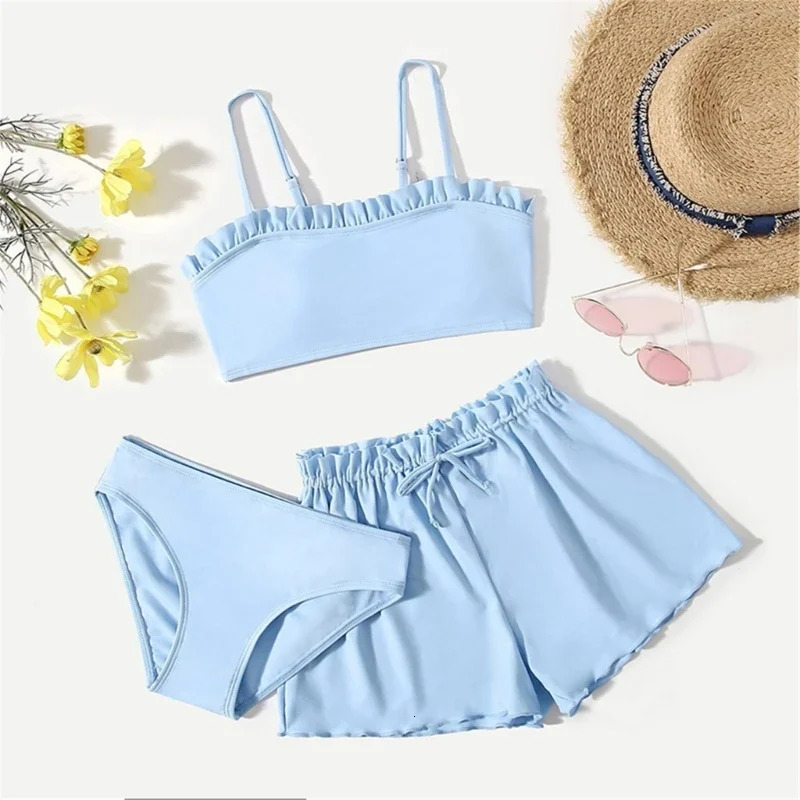 3Pcs Girls Swimming Costume with Beach Short Two Pieces Bathing Suit Ruffled Bikinis Swimsuit for Girl 3-12 250407