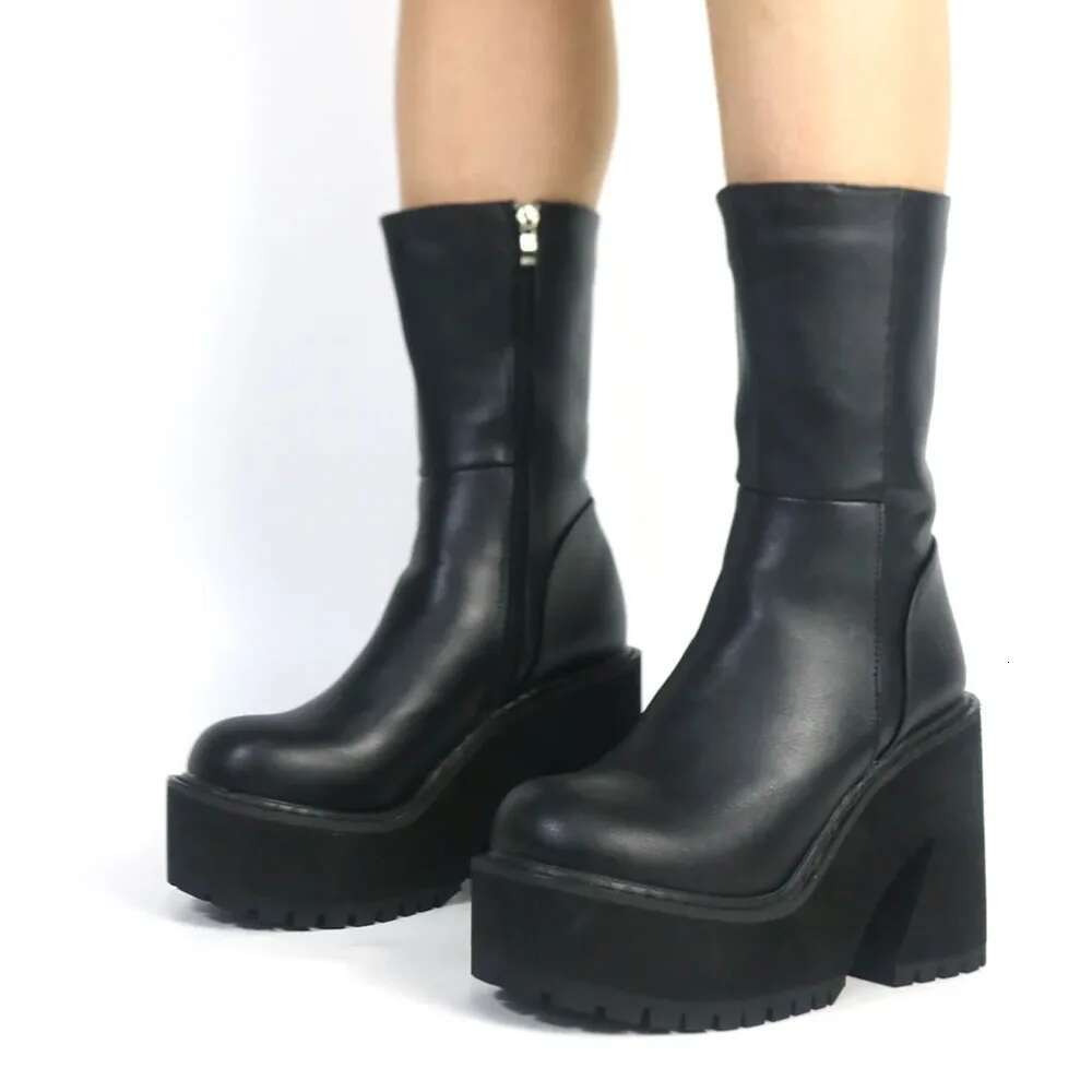 Sorphio-Women's Zippered Half-Rod Thick Platform Boots, High Heel, Round Tip, Punk Style, Fashionable #ddmykukumalu ddmykukumalu