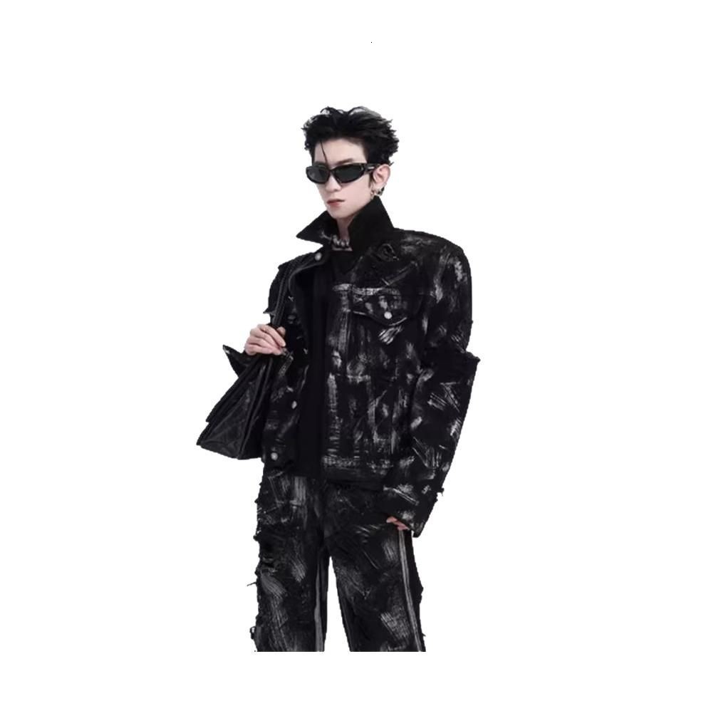 High street American style cool and bold ink jacket mens suit street fashion brand hip-hop loose casual workwear denim suit240903