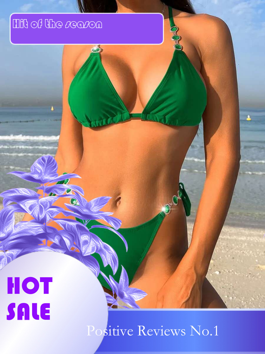 Dongdumaoyi Sexy Rhinestones Bikini Mujer Women Luxuey Green Diamond Strap Push Up Micro Swimsuit Brazilian Bathing Suit Thong Swimwear