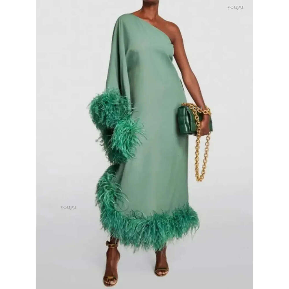 SpringSummer Womens Feather One Shoulder Large Swing Evening Dress 250321