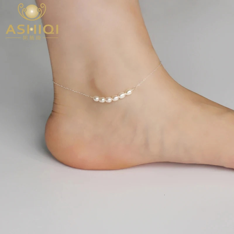 ASHIQI 925 Sterling Silver Natural Freshwater Pearl Anklets for Women Foot Fashion Jewelry Gift 250403