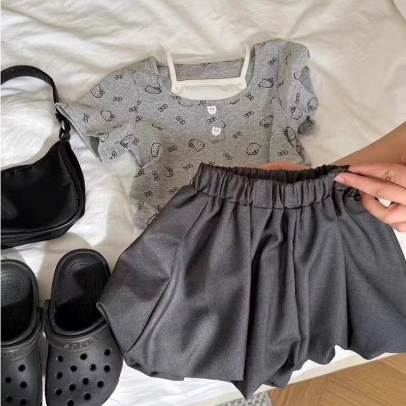 Ddmyshoesvip Girl S Baby Summer New Cartoon Print Fake Short Sleeved T Shirt Flower Bud Shorts Two Piece Set