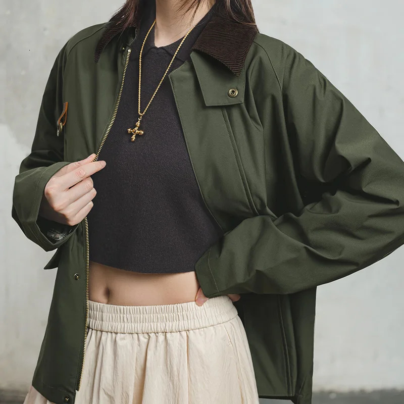 Maden Retro Womens Corduroy Patch Work Jacket Green Casual Collar Spey Hunting Spring Zipper Front Coat 250407