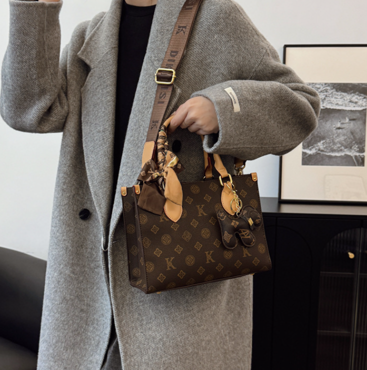Free Shipping Brown Monogram Tote Bag Scarf Decoration & Bear Charm Retro Casual Large-Capacity Commuter Bag