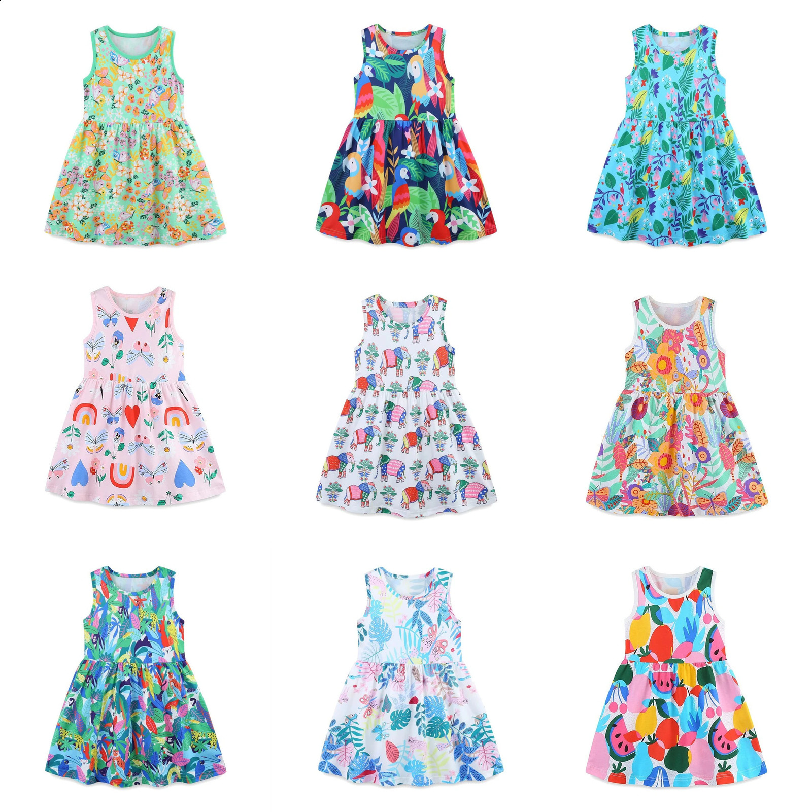 UNITIM Ins Summer Children Girls Sleevless Dress Cotton Thin Full Printed Ruched Cool Baby Girls Dress Kids Girls Dresses 250408