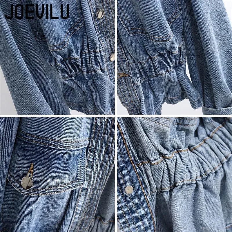 Jeans jacket Vneck pleated waist slim fit for womens autumn Korean fashion personalized irregular shirt loose casual denim top 250407