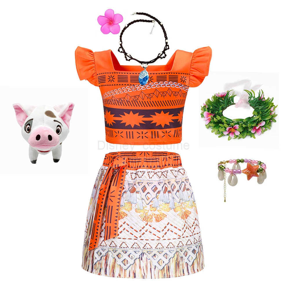 Disney 2PCS Full Printing Moana Dress for Kids Girl Casual Dresses 2-10Y Toddler Cosplay Clothing Set with Necklace Flying Sleeve X250408