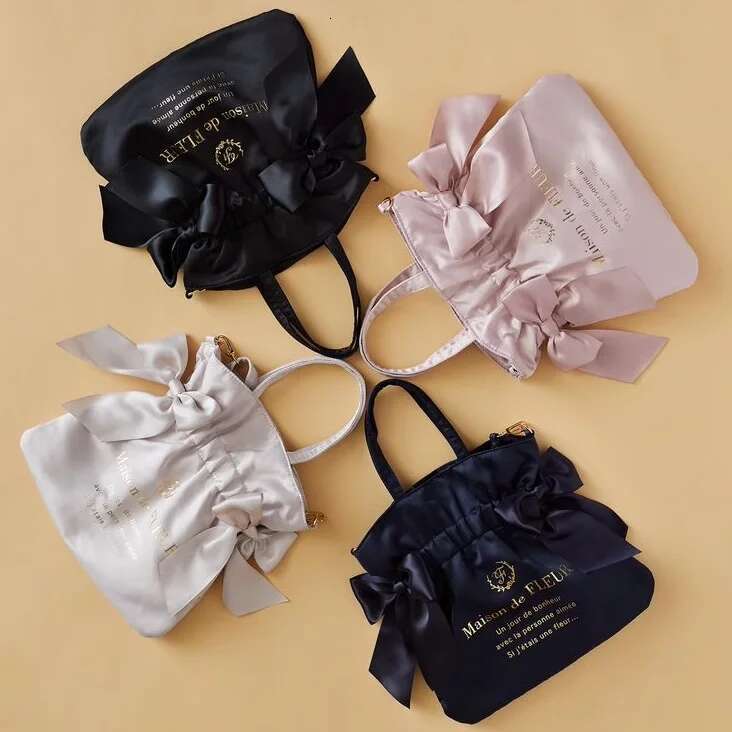 Japanese Satin Cute Sweet Double Bow Portable Women Niche Storage Shopping Messenger Bag With Long Shoulder Strap