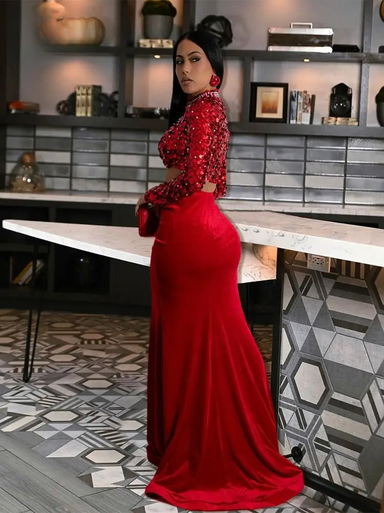Veet Chic And Elegant Woman Set Sexy Full Sleeve Sequins Pearls Crop Tops+Split Long Skirt 2 Piece Sets Party Clubwear